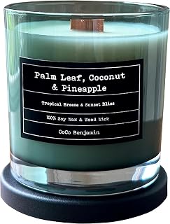 Wooden Wick, 100% Soy, Highly Scented, Hand Poured, 8 oz (Palm Leaf, Coconut & Pineapple)