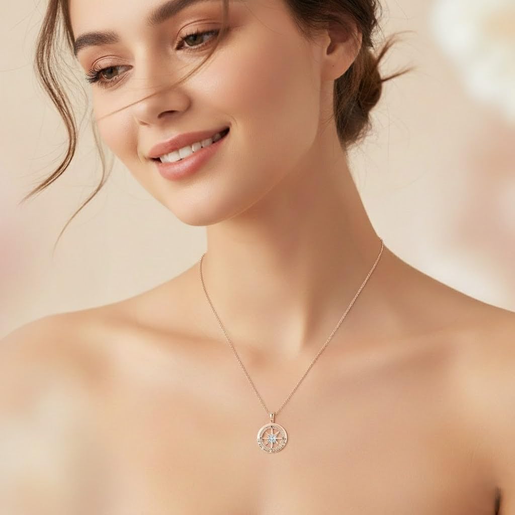 Compass Necklace for Women Wife Girlfriend Mom Daughter Gifts S925 Sterling Silver Jewelry For Anniversary Rose Gold Gifts For Birthday Christmas Mothers Valentines Day 12 Birthstones - Image 6