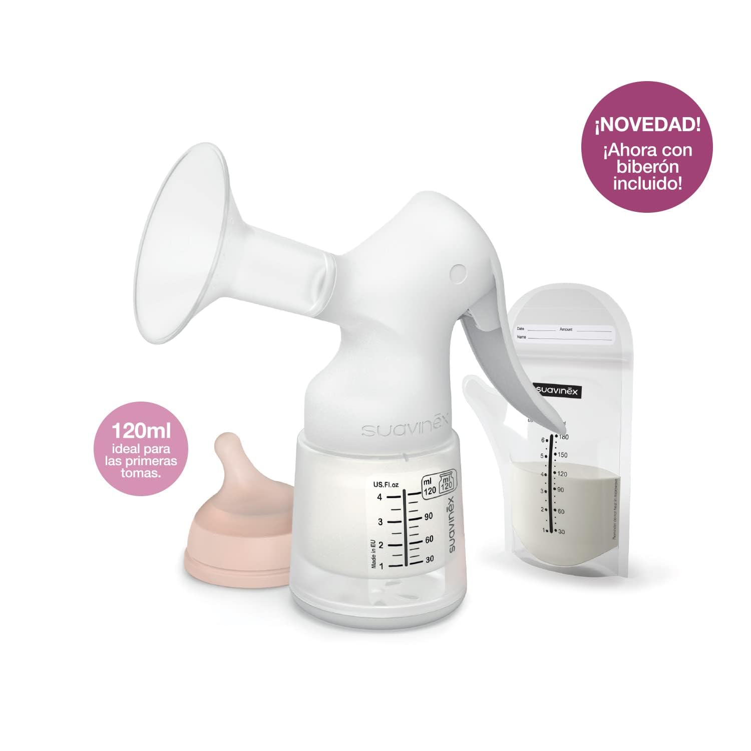 Suavinex, Materna-Milchpumpenset für manuelle Milchpumpe, 120 ml, mit anpassbarem Durchfluss, 3 Aufbewahrungstaschen, Reißverschluss, Transporttasche, manuelle Milchpumpe