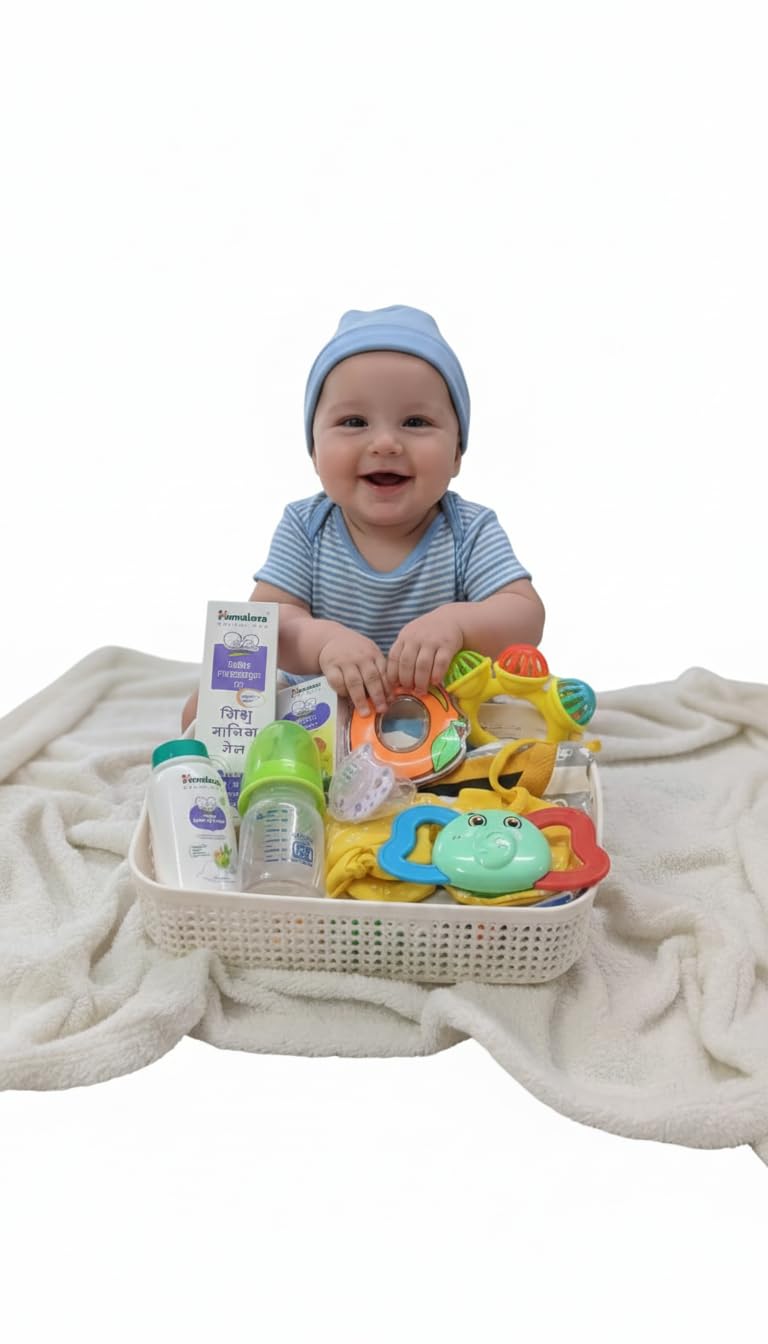 Kids New Born Baby Shower Gift Set & Hamper For Boys (17 Pcs) | 2 Set Of Clothes,1 Himalaya powder, 1 Himalaya Oil, 1 Himalaya Soap, 1 pair of Socks, 1 Baby Cap, 1 Bib, 1 Pacifier, 1 Nail clipper, 1 Rattle,2 handkerchief ,1 Teether, 1 Feeding Bottle ,1 Mittens, 1 Off White Basket-picture-28