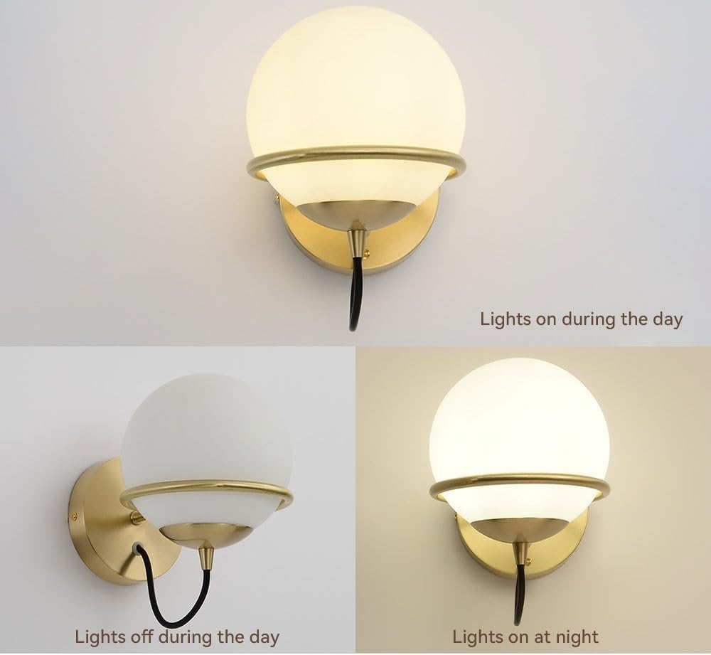 Brass Globe Wall Sconce with Frosted Glass Shade Mid Century Gold Wall Lamp Creative Round Interior Lighting for Bedroom Living Room Hallway Indoor Luxury Decor Lighting Fixture Parlor