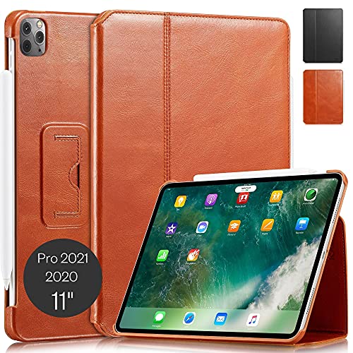 KAVAJ Case Leather Cover Berlin Works with Apple iPad Pro 11 2021/2020 Cognac-Brown Genuine Cowhide Leather with Built-in Stand Auto Wake/Sleep Function. Slim Fit Smart Folio Covers