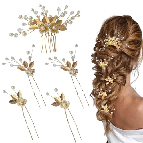 WUSJCOF 5 piezas horquillas nupciales vintage tocado boda,accesorios para el cabello con hojas doradas,diamantes de imitación y cuentas de cristal,para novias,damas de honor (Dorado)