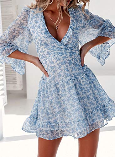 Dokotoo Womens Juniors Cute Spring Fit And Lantern Ruffle Chiffon Half Sleeve Elegant Floral Print Boho Hawaiian Flowy Mini Short Skirt Party Dresses For Women Party Casual Summer 2023 Blue Large #TOP2