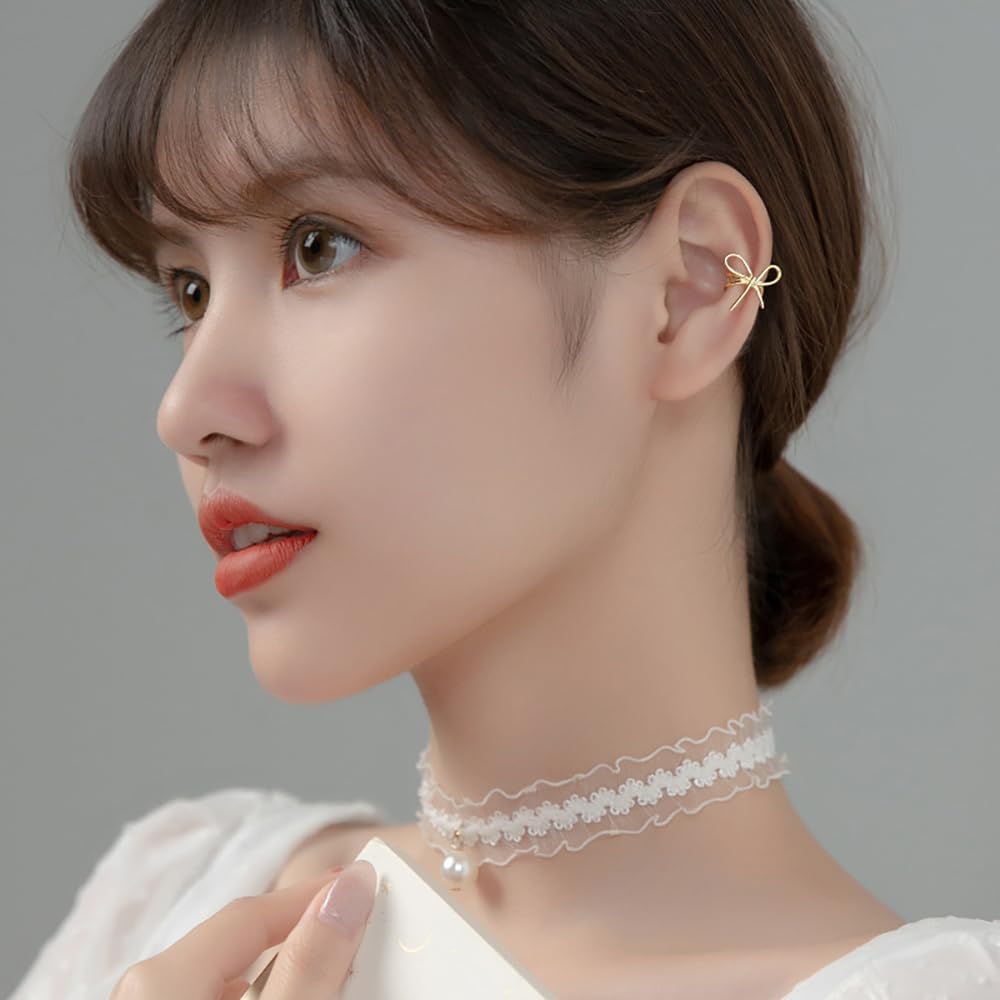 Reffeer Solid 925 Sterling Silver Bow Cuff Earrings Wraps for Women Teens Ribbon Bowknot Cuff Earrings Clip Ons - Image 2