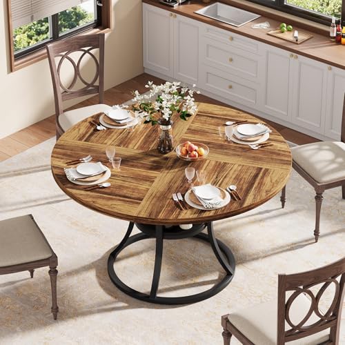 Condemo 47'' Round Dining Table for 4-6, Farmhouse Dining Room Table with Storage Shelf, Space-Saving Kitchen Table with Metal Base for Kitchen & Dining Room, Table Only (Brown & Black) - Thumbnail 3