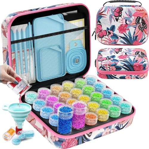 ARTDOT 30 Slots Diamond Painting Storage Boxes 71pcs Diamond Art Accessories and Tools Kits with Pens DIY Art Craft Bead Container Storage Boxes for Adults(Pink)