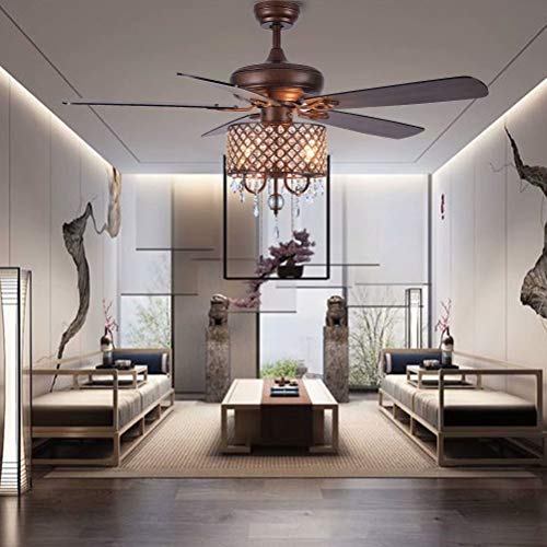TFCFL 52 Inch LED Crystal Ceiling Fan Light with Remote Control 5 Reversible Blades Vintage Elegant Light Fixture for Home Decoration Living Room Bedroom Bronze Type A