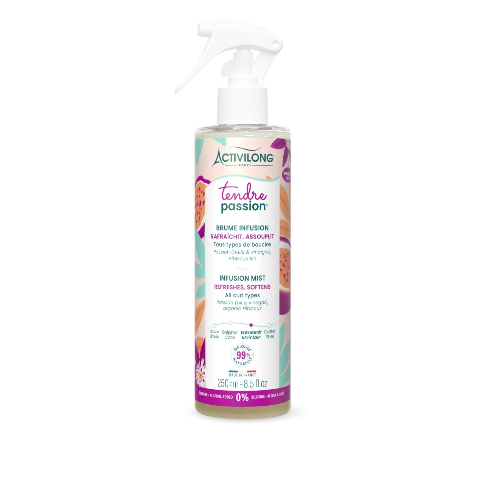 ACTIVILONG - Brume Infusion Tendre Passion - Cheveux Ondulés, Bouclés, Frisés et Crépus - Sans Silicône - Sans Alcool Ajouté - 99% d'ingrédients d'origine naturelle - Made in France - 250 ml