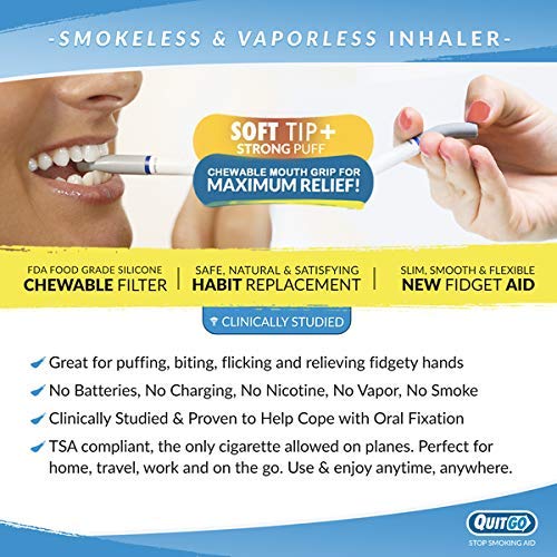 Smokeless Inhaler with Soft Tip Chewable Mouth Grip for Maximum Relief and How to Quit Smoking Guide, Help for Oral Fixation Support, Oxygen Inhaler to Stop Smoking (2 Pack, Fresh Mint)
