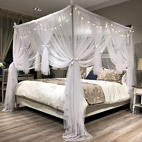 Image of DIVAYANSHI 4 Corners Post Canopy Bed Curtain - Royal Luxurious Cozy Drape Netting - 3 Opening Mosquito Net - Cute Princess Bedroom Decoration Accessories (86 inch W*78 inch L*82 inch H /(Suggested for King))