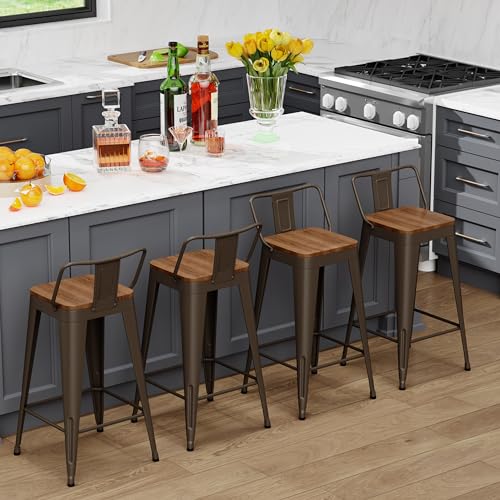 Image of WENTMENT Industrial Rusty Bar Stools Set of 4, 24 inch Counter Height, Wooden Seat, Removable Back, Stackable