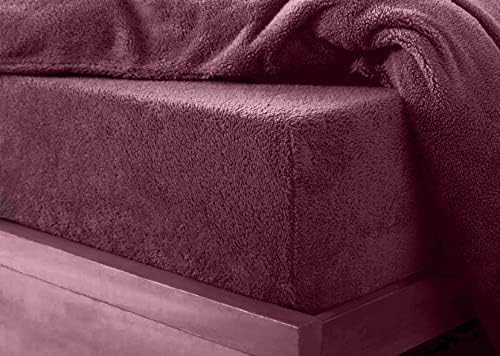 Super Soft Teddy Fleece Fitted Sheet Warm Extra Deep Bed Sheet for Winter Comfort in Single Double King & Super King Sizes (Aubergine Double)