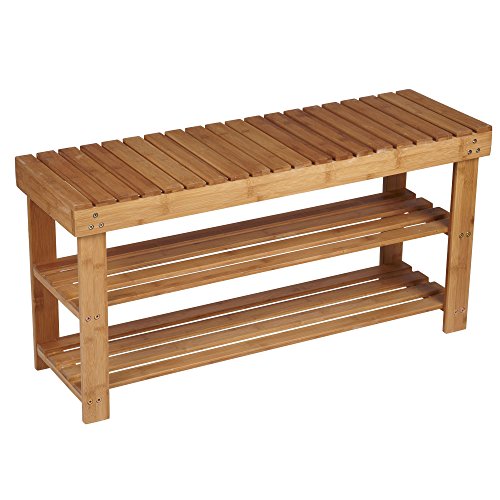 Household Essentials Bamboo 2-Shelf Storage Bench Seat, Natural Household Essentials Bamboo 2-Shelf Storage Bench Seat, Natural