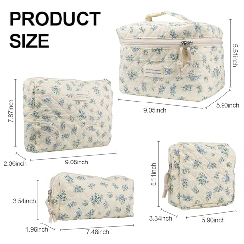 4Pcs Large Capacity Makeup Bag for Women, Cute Portable Quilted Coquette Aesthetic Floral Cosmetic Bag, Organizer Storage Travel Toiletry Bag (004-Blue Rose) - Image 5
