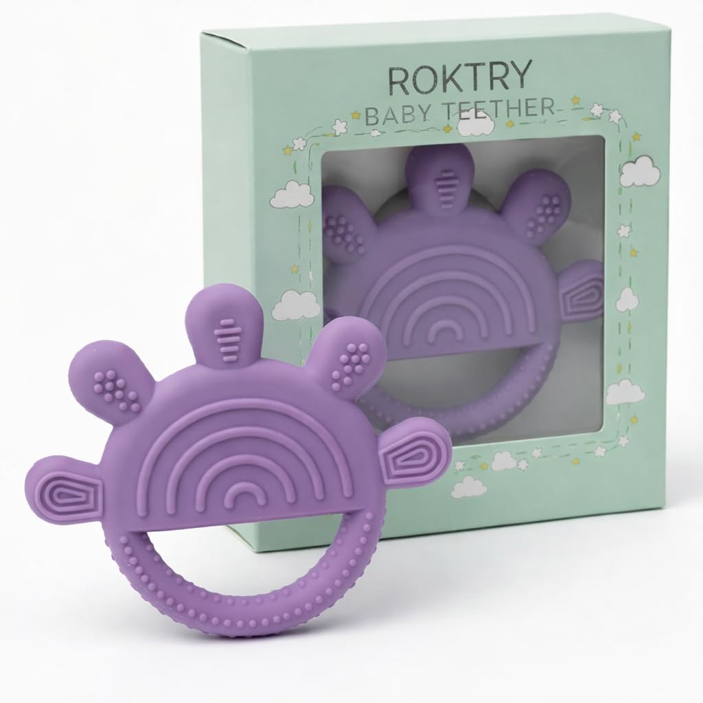 ROKTRY Sunrise Baby Silicone Teether (Purple) - BPA-Free Food Grade Soft Teething Toy for 3-12 Months Infants | Pain Relief | Sensory Toy for Newborns,Toddlers | Sterilizer Safe & Non-Toxic-image-6