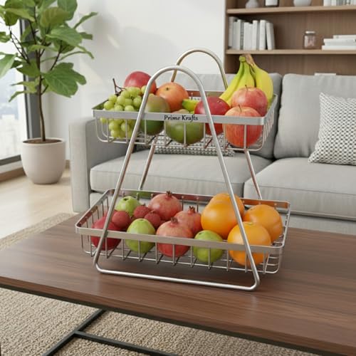 Image of 2 Tier Metal Fruit and Vegetables Basket with Handle|Fruit Vegetables Snacks and Bread Organizer for Kitchen, Dining Table, Livingroom|Bathroom Countertop Basket Stand - Silver