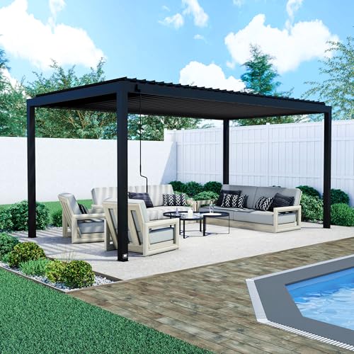 Image of Backyard Discovery Sarasota 18' x 10' Galvanized Steel Louvered Pergola Kit with Adjustable Roof, Shade, Rain Protection, High-Wind Rating, Gutter System for Outdoor Patio, Garden, Deck, Entertaining