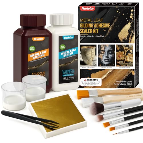 Nariolar Anlegemilch für Blattgold Kit 100 ml Blattgold Kleber und 100ml Schutzlack 100 Blatt Blattgold 7 Pinsel & 1 Pinzette für Bastel- und Dekorationskunst