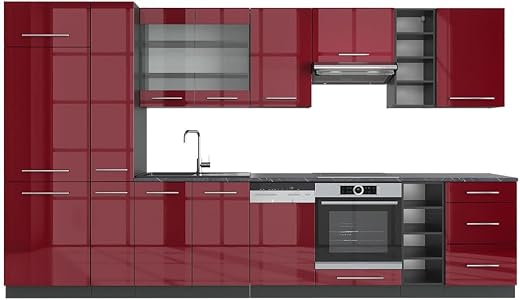 Vicco cucina componibile Fame-Line, Rosso bordeaux lucido/Antracite, 355 cm senza piano di...