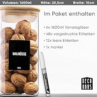 Deco haus® Vorratsgläser mit Deckel eckig 6er Set [+ETIKETTEN] - Vorratsdosen Glas mit Deckel luftdicht - Vorratsglas mit Holzdeckel - Müsli Aufbewahrungsgläser - Glasbehälter Vorratsbehälter – Ansicht 6