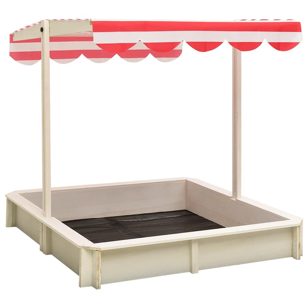 Piaskownica z drewna jodłowego, biała i czerwona, z regulowanym dachem UV50, 115 x 115 x 115 cm, do ogrodu, na podwórko, taras i plażę, zabawka dla dzieci do zabawy na świeżym powietrzu do