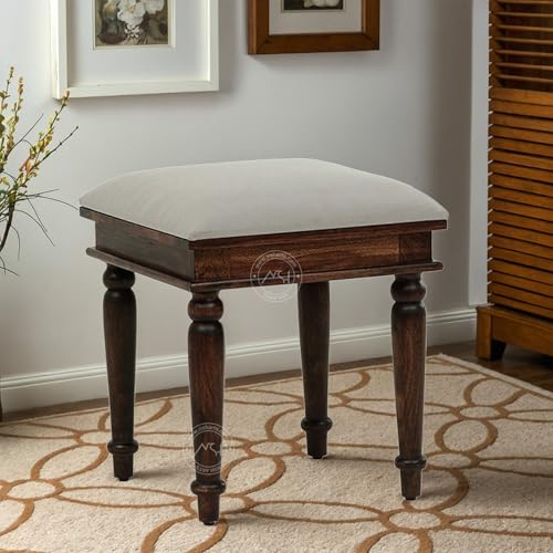 Image of NSH Sheesham Wood Square Top Seating Stool with Cushion | Elegant & Premium Handcrafted Side Table | Multipurpose Footrest, Portable Stool for Living, Bedroom & Lounge | Teak Finish, 1 Wooden Stool