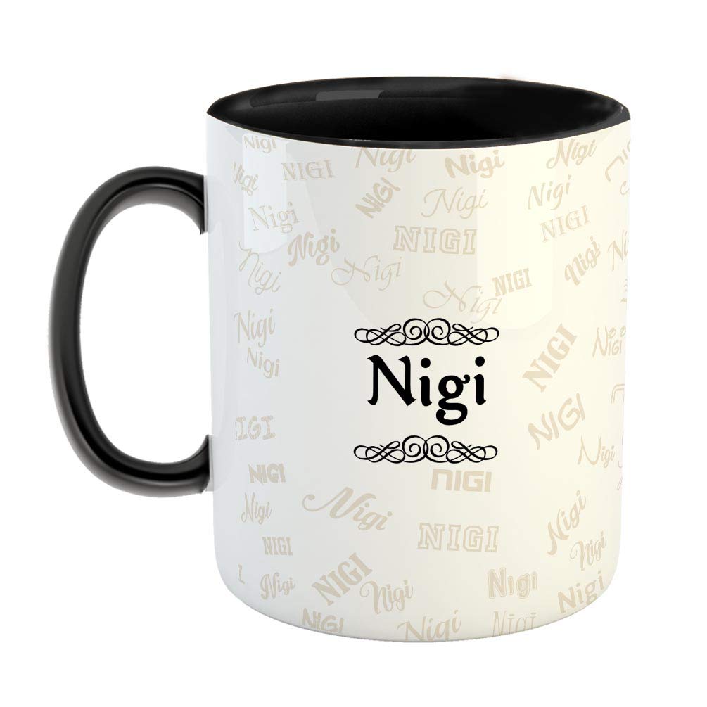 FurnishFantasy Ceramic Coffee Mug - Best Personalised Gift for Happy Birthday, Color - Black, Name - Nigi