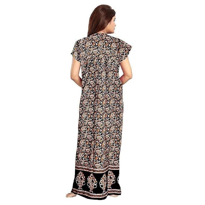 Image of NILOUFO Women's Cotton Printed Maxi Nighty - Pack of 2 | Soft Ankle-Length Sleepwear Gowns for Women | Free Size Night Dresses (Black,Red, Free Size)