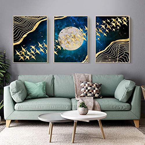 Peinture impression affiches abstrait lune dorée et montagnes sur toile luxe x3