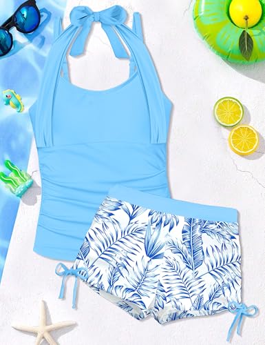 Image of Girls Swimsuit 2 Piece Halterneck Girls Tankini Swimsuit Drawstring Printed Swim Shorts Girl Bathing Suit for 7-18T