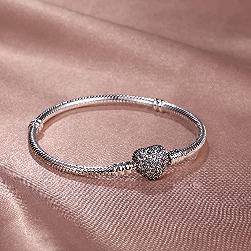 Image of 925 Sterling Silver Snake Chain Bracelets Fit Pandora Charms,Heart Clasp Bracelets Perfect For Any Glamour Gift for Women with 5 A Cubic Zirconia