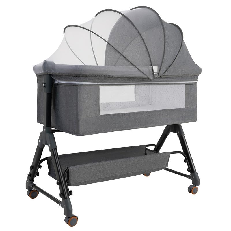5-in-1 Portable Baby Bedside Crib - Convertible, Foldable, and Adjustable Height with Swivel Wheels - Baby Cot, Moving Baby Bassinet, Rocking Cradle - Complete with Mosquito Net (Grey)