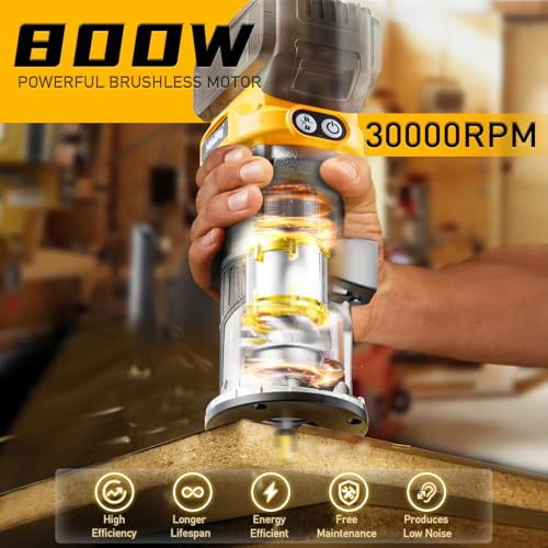 Cordless Compact Router Compatible with DeWalt 20V Battery (Bare Tool), 6 Variable Speeds Router Tool for Woodworking, 800W Fixed Base Wood Router