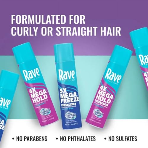 Image of Rave 4X Mega Unscented Aerosol Hairspray - Hair Spray for High Humidity Weather - 24-Hour Lasting Hold - Vitamin-Enhanced Hair Volume Spray - 4 pc