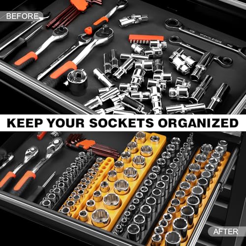 Image of GRENPRO Socket Organizer for Tool Box Drawer, 6pc 143 Metric & SAE Magnetic Socket Holder, 1 /4 inch, 3 /8 inch, 1 /2 inch Drive Socket Tray Set, Magnetic Socket Organizer