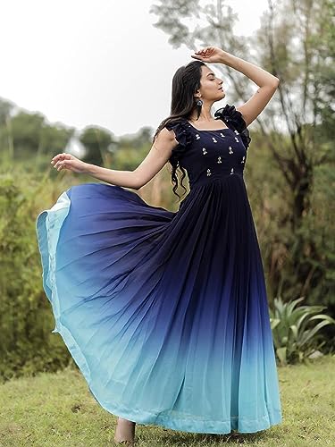 Image of LAZZLY Women's Georgette Ankle Length Dual Shaded Flared Embroidered Gown