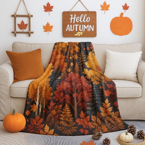 Couverture peluche 152x203 cm avec sapins rustiques orange