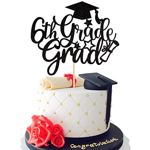 1 PCS 6th Grade Grad Cake Topper with Glitter Diploma Cap 6th Grade Graduation Cake Pick Class of 2024 Cake Decorations for 2024 Kids Boys Girls Sixth Grade Graduation Party Supplies Black