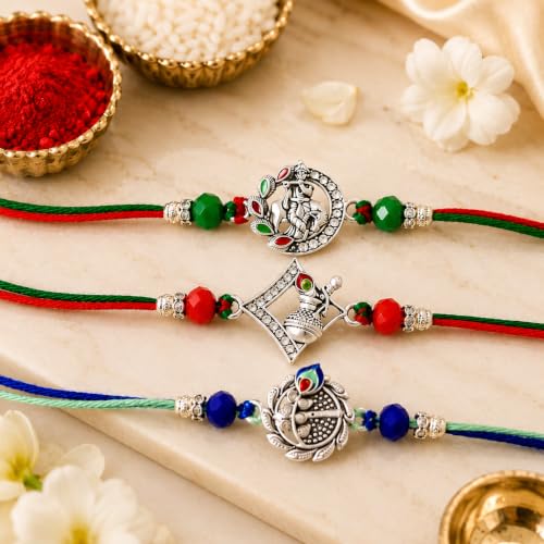 Image of CraftVatika Set of 3 Silver Rakhi for Brothers with Gift, Designer Premium Silver Krishna Rakhi Gift for Brothers Raksha Bandhan Gift, Fridge Magnet Gift for Boy Men, Best Wishes Card and Tillak Set
