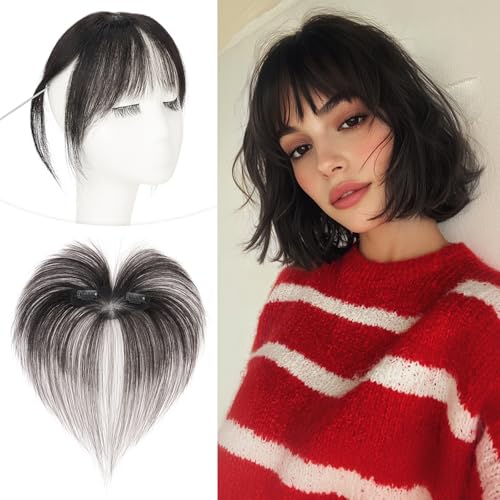 SLEEKALON Clip In Bangs Real Human Hair Natural Black French