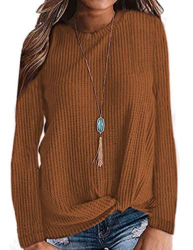 TODOLOR Women Casual Twist Knot Waffle Top Long Sleeve Knit Shirt Cute Top Yellow Burnt Orange L