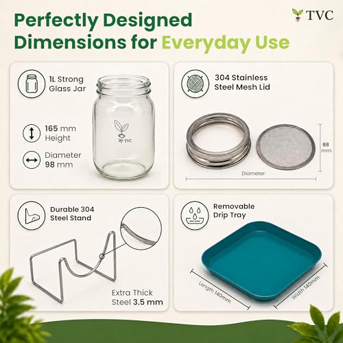 Image of TVC 1L Glass Sprout Maker Jar with Stainless Steel Mesh Lid & Stand | For All Sprouts & Microgreens | Plastic-Free Sprouting Kit | Easy Rinse & Drain, Dishwasher Safe, Rust-Free