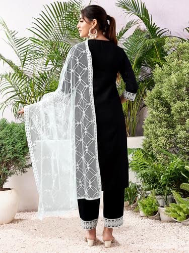 Sanisa Women's Cotton Blend Sequence Embroidery Work Straight Kurta With Pant And Dupatta Set (205Kbd2171N-Xl_Black & White)