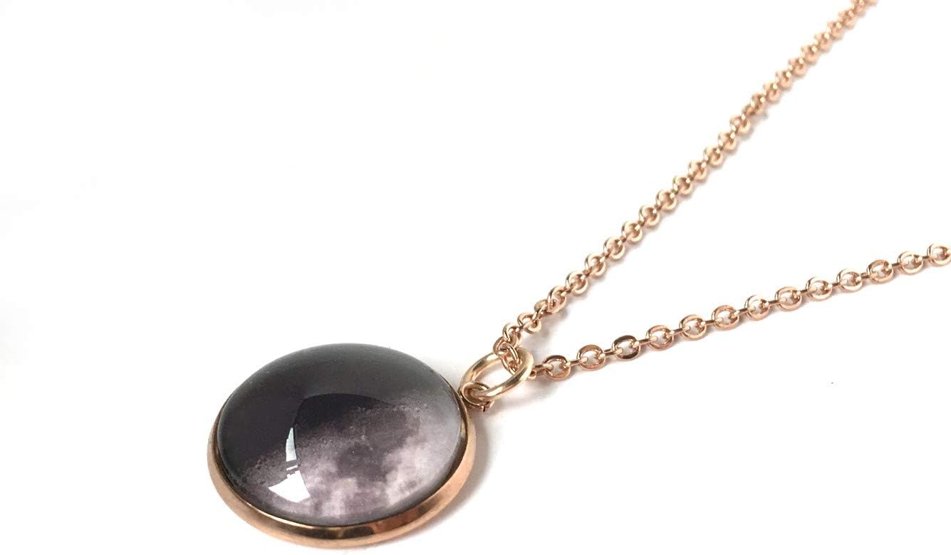 Petite 18mm Rose Gold Stainless Steel Custom Birth Moon Necklace with Personalized Actual Lunar Phase Charm, Glow in the Dark Option