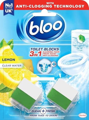 Bloo 3in1 Toilet Blocks Pack of 2 Limescale Remover Cistern Block Cleaner Block with Cleaning and Foaming Action Fresheners Lemon