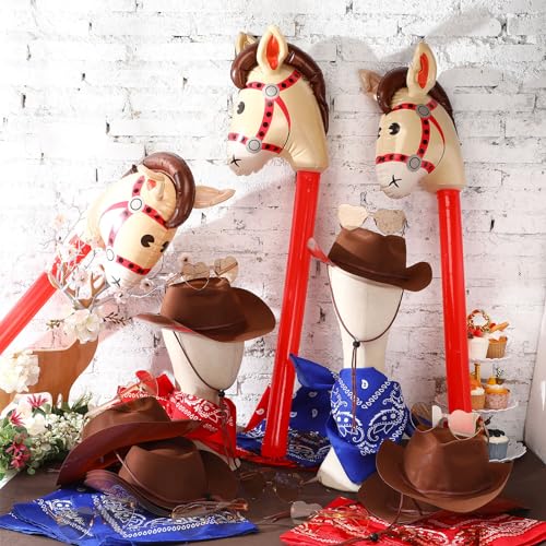 48 Pcs Kids Cowboy Hat Set with Bandanas and Stick Horses, Brown - Image 5