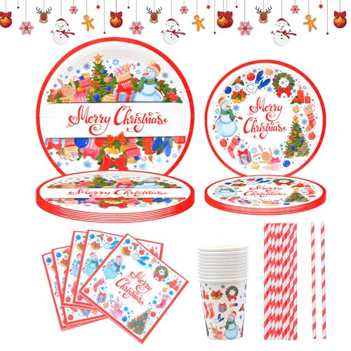 50PCS Vajilla para Fiestas Navideñas, 10 x Servilletas, 10 x Tazas, 10 x Platos de 7 Pulgadas y 10 x 9 Pulgadas,10x Pajitas,para Decoración de Fiesta de Navidad,para 10 Invitados