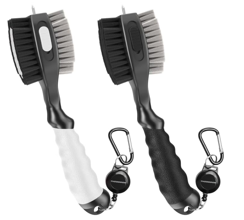2 Pack Golf Club Brushes and Groove Cleaner 2 ft Retractable Zipline Carabiner Golf Brush Head with Retractable Spike Comfortable Grip Golf Club Cleaner