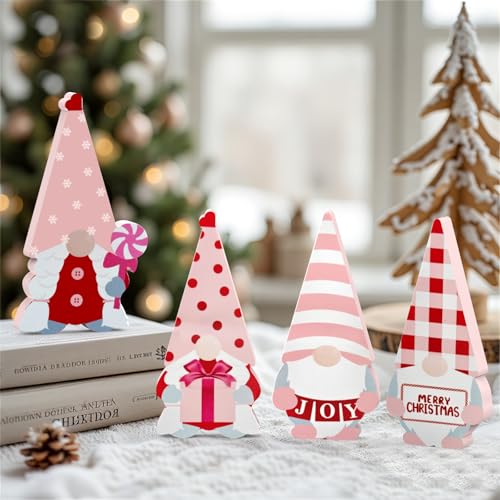 LXDNBGO Christmas Gnomes Decorations - Set of 4 Cute Pink Wooden Gnomes Decor, Christmas Table Decor Indoor for Home Office Bedroom Shelf Tiered Tray Desk Mantel